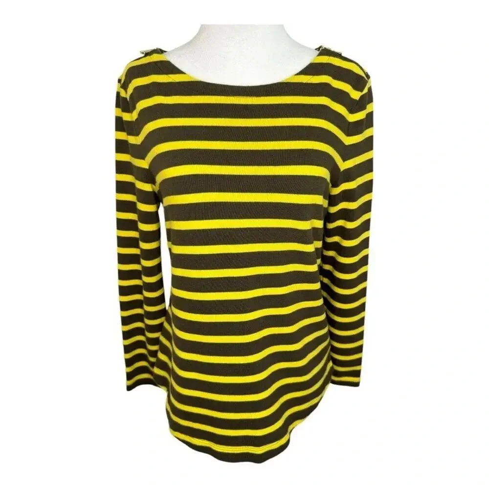 Talbots Petites Small Brown & Yellow Striped Long Sleeve Top‎ Casual